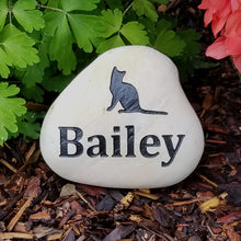Load image into Gallery viewer, pet memorial stone. Personalized with a cat image and name. Natural river rock garden memorial or pet gravestone