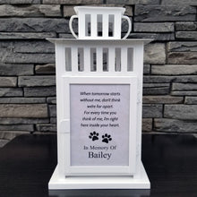 Load image into Gallery viewer, photo pet memorial lantern - pet sympathy gift - kimmer &amp; co.  personalized white carriage lantern with photos of your pet and heartfelt poem.
