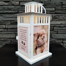 Load image into Gallery viewer, photo pet memorial lantern - pet sympathy gift - kimmer & co. personalized white carriage lantern with photos of your pet and heartfelt poem.