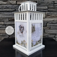 Load image into Gallery viewer, pet memorial lantern - pet sympathy gift - kimmer & co. white carriage lantern with a beautiful watercolour mountain scene. personalized with dog graphic and heartfelt poem