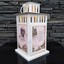 Load image into Gallery viewer, pet memorial lantern - pet sympathy gift - kimmer & co. white carriage lantern with a beautiful watercolour mountain scene. personalized with dog graphic and heartfelt poem
