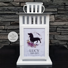Load image into Gallery viewer, pet memorial lantern - pet sympathy gift - kimmer & co. white carriage lantern with a pretty watercolour floral design. personalized with dog graphic and heartfelt poem.