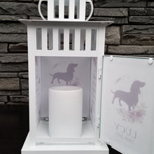 Load image into Gallery viewer, pet memorial lantern - pet sympathy gift - kimmer & co. white carriage lantern with a pretty watercolour floral design. personalized with dog graphic and heartfelt poem.