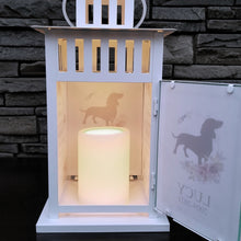 Load image into Gallery viewer, pet memorial lantern - pet sympathy gift - kimmer & co. white carriage lantern with a pretty watercolour floral design. personalized with dog graphic and heartfelt poem.