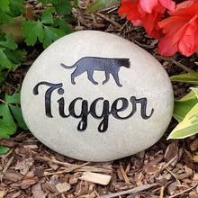 Load image into Gallery viewer, pet memorial stone. Personalized with a cat image and name. Natural river rock garden memorial or pet gravestone